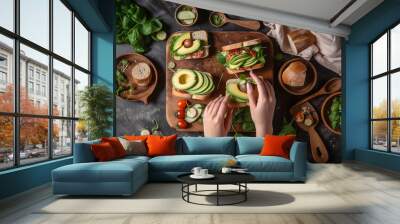 Woman making sandwich with avocado, tomatoes and spinach, top view. Generative AI Wall mural