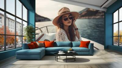 Young beautiful blond woman wearing straw hat and sunglasses on a yacht. Generative AI Wall mural