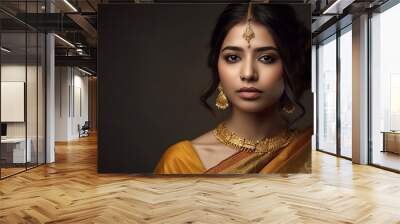 Young beautiful indian woman wearing golden clothing, copy space. Generative AI Wall mural