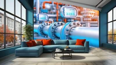 Industrial Pipeline System with Valves Meters and Monitoring Equipment at Energy Production Facility Wall mural