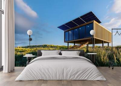 Modern Beach House with Solar Panels and Natural Surroundings Wall mural