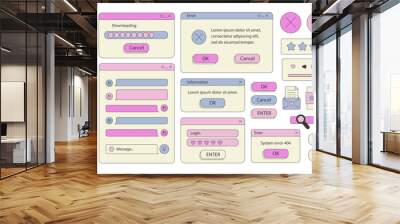 Big set of retro vaporwave desktop browser and dialog window templates. 80s 90s old computer user interface elements and vintage aesthetic icons. Nostalgic retro operating system. Vector illustration. Wall mural