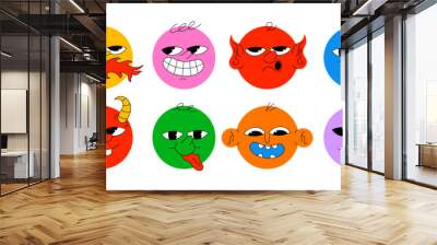 Round Abstract Comic Faces with Different Emotions Colourful modern vector illustration with shapes happy sad angry smile faces for children. Flat design. Set of vector emoticons. Wall mural