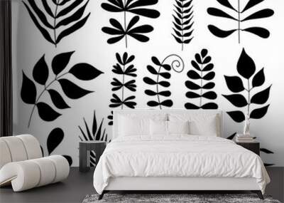 Set of black silhouettes of tropical leaves on an isolated white background. Botanical tree branches, palm leaf on the stem. Spring summer leaf. Concept design logo icons. Stock illustration. Wall mural