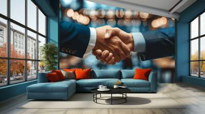 Businessmen shake hands and discuss, showing data as graphs Wall mural