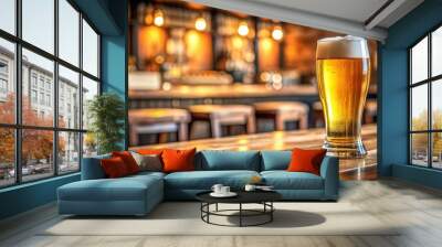 A glass of beer on a table in a bar , bar, pub, drink, alcohol, beverage, restaurant, table, wood, refreshment Wall mural