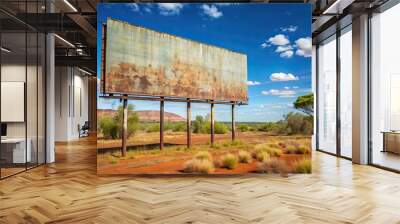 A weathered billboard in the Northern Territory with remnants of an old advertising campaign , abandoned, broken, outdoor Wall mural