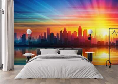 Abstract cityscape silhouette with vibrant sunset colors , urban, skyline, dusk, colorful, horizon, evening Wall mural