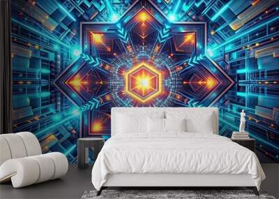 Abstract digital artwork featuring futuristic geometric shapes and patterns, technology, digital, abstract, futuristic, geometric Wall mural