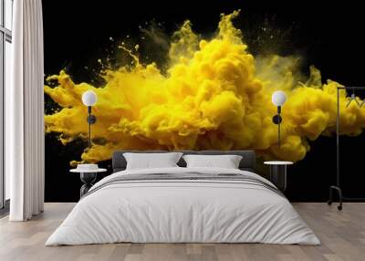 Abstract motion of yellow explosion cloud with fluid splash and ink texture on black background, yellow, explosion, smoke, fluid, splash Wall mural