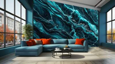 Abstract wallpaper with black marble and blue teal ripples, modern clean backdrop , liquid, fluid, obsidian, textured Wall mural