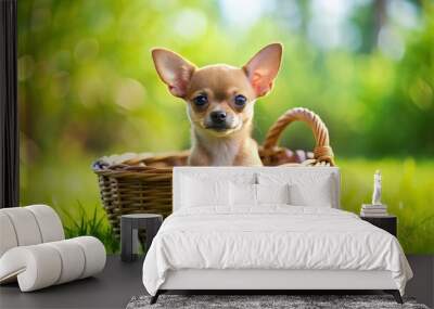 Adorable brown chihuahua puppy sitting in a wicker basket on a lush green lawn, Chihuahua, puppy, brown, adorable Wall mural