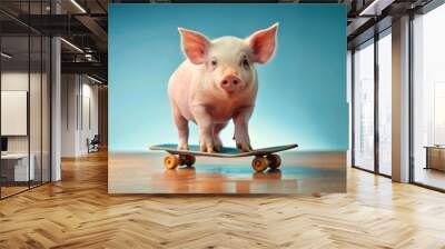 Adorable piggy riding a skateboard , cute, pig, skateboard, fun, animal, cute piggy, skateboarding, pet, playful Wall mural