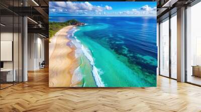 Aerial view of a beautiful sandy beach with crystal clear blue ocean waters , beach, ocean, aerial view, coastline, waves Wall mural