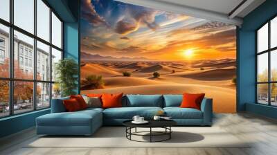 Aesthetic sunset landscape in serene desert , Sunset, landscape, desert, serene, enchanting, aesthetic, beauty, nature, tranquil Wall mural