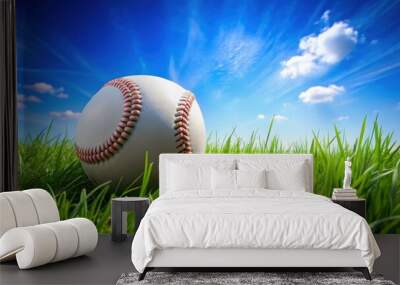 Baseball resting in vibrant green grass against a blue sky backdrop, baseball, grass, green, lush, sport Wall mural