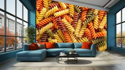 Captivating close-up of raw Italian spiral pasta, showcasing intricate details, pasta, Italian cuisine, food, raw Wall mural