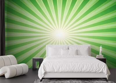 Cartoony intro with green ray striped sunbeam in a retro glow radial beam background , superhero, poster, spotlight, explosion Wall mural