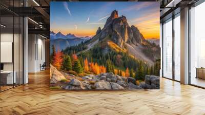 Cascade mountain rock formation in the fall at sunrise in Washington state , Cascade, mountain, rock formation, fall Wall mural