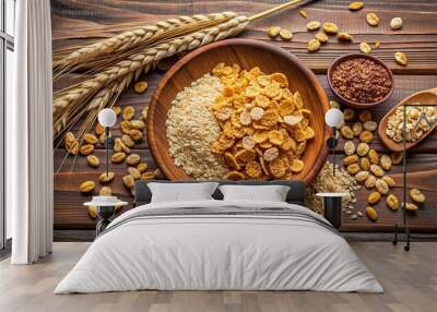 Cereal flakes in brown plate on table out of grey boards. Spikelets of different types of grain, breakfast, cereal Wall mural