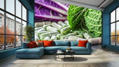 Close-up of capsules containing indole-3-carbinol next to fresh cabbage, Cabbage, capsules, indole-3-carbinol Wall mural