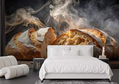 Close-up of freshly baked bread being torn apart, with steam rising and crust cracking, fresh, bread, bakery, artisan, homemade Wall mural