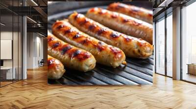 Close-up of savory breakfast sausages on a hot griddle, breakfast, sausages, savory, hot, griddle, meat, tasty, grill, cooking Wall mural