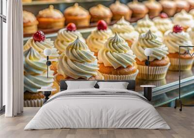 Close-up shot of delicious cakes with cream on display in a bakery, cakes, cream, bakery, dessert, sweet Wall mural