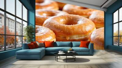 Closeup of sugary glazed doughnuts, doughnuts, sweets, bakery, close-up, sugary, glazed, delicious, snack, treat, dessert, morning Wall mural