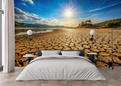 Cracked earth in a dried up dam under the hot summer sun, arid, drought, weather, arid climate Wall mural