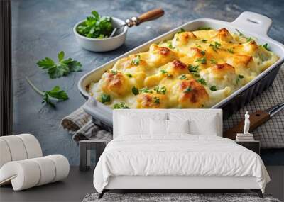 Creamy cauliflower casserole topped with melted cheese and golden bechamel sauce, cauliflower, casserole, cheese Wall mural