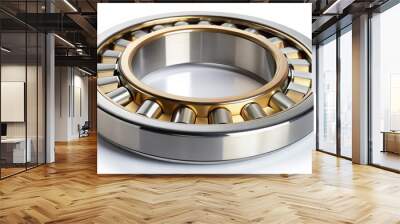 Cylindrical roller bearing with outer race cutout showing brass cage and rollers, cylindrical, roller, bearing Wall mural