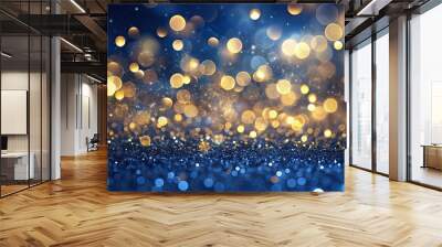 Dark blue and gold abstract background with Christmas golden light shine particles bokeh and gold foil texture, Christmas Wall mural