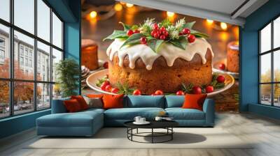 Delicious Christmas cake with festive decorations and candles on a dish , Christmas, cake, food, dessert, chocolate, decoration Wall mural