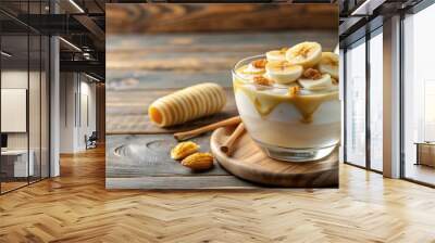 Delicious homemade milk yogurt topped with banana pieces and drizzled with honey, yogurt, homemade, milk, banana, honey, healthy Wall mural