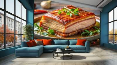 Delicious pork belly dish with crispy skin and juicy meat , pork, belly, dish, crispy, skin, juicy, meat, succulent, savory, meal Wall mural