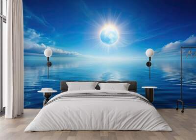 Dreamy blue sun reflecting on the water with a serene and tranquil atmosphere, blue, sun, water, reflection, peaceful, serene, tranquil Wall mural