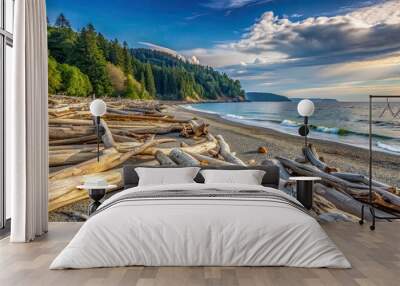 Driftwood scattered along the sandy beach of Kayak Point, Washington , driftwood, beach, Kayak Point, Washington, coastal Wall mural