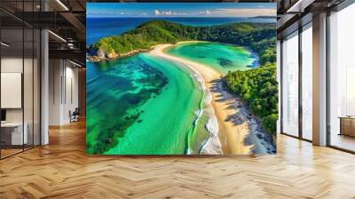 Drone view of a stunning emerald beach, beach, drone, aerial, view, beautiful, emerald, ocean, water, waves, sand, coastline Wall mural