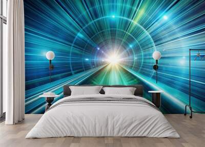 Dynamic technology concept featuring an abstract tunnel with a speed light starburst background in shades of blue and green Wall mural