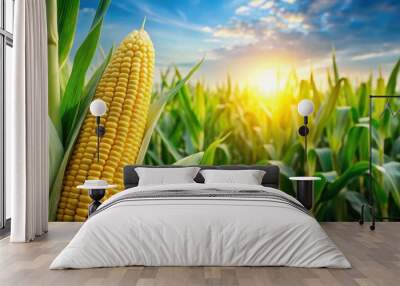 Ear of corn on the cob in a vibrant green cultivated cornfield, Corn, Agriculture, Farming, Harvest, Field, Crop, Maize, Rural Wall mural