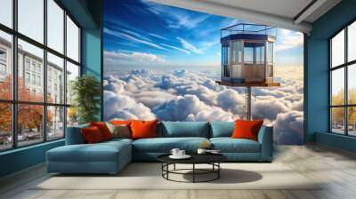 Empty sky elevator floating in the sky with fluffy clouds in the background , sky, elevator, clouds, concept, empty Wall mural