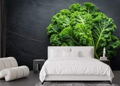 Fresh kale leaves on a black background, kale, fresh, green, healthy, organic, vegetable, nutrition, leafy, dark, isolated Wall mural