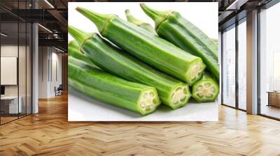 Fresh okra still attached to the stalk, organic, green, healthy, vegetable, plant, farming, agriculture, farm-to-table Wall mural