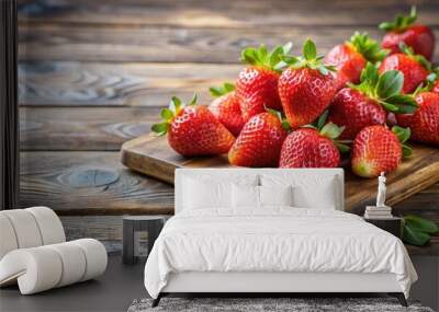 Fresh ripe strawberries on wooden board, red, juicy, fruit, organic, healthy, sweet, vibrant, natural, snack, dessert Wall mural