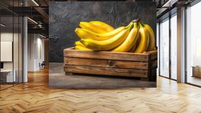 Fresh yellow bananas in a wooden crate on a dark background, banana, fruit, fresh, ripe, organic, yellow, wooden crate, healthy Wall mural