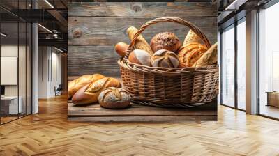 Freshly baked bread in a rustic basket , bakery, homemade, artisan, loaf, organic, wheat, breakfast, food, natural, healthy Wall mural