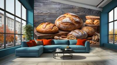 Freshly baked loaves of bread on wooden cutting board , bread, loaves, freshly baked, food, homemade, rustic, artisan Wall mural