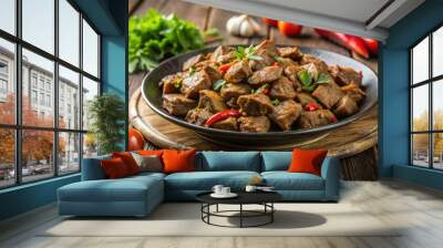 Fried liver served hot on a dish , food, cuisine, meat, meal, recipe, plate, savory, cooked, traditional, delicious Wall mural