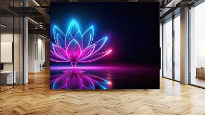 Futuristic blooming neon lotus flower on black background, neon, lotus, flower, futuristic, glow, vibrant, light Wall mural